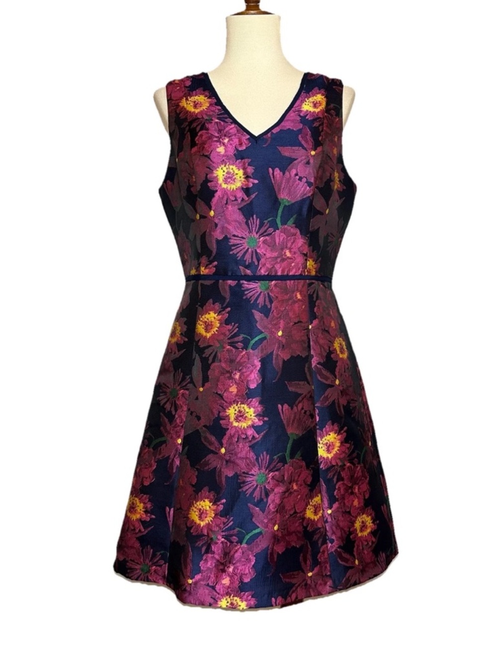 Julia Jordan Pink Navy Floral Jacquard Dress Sleeveless A-Line Party Size 6